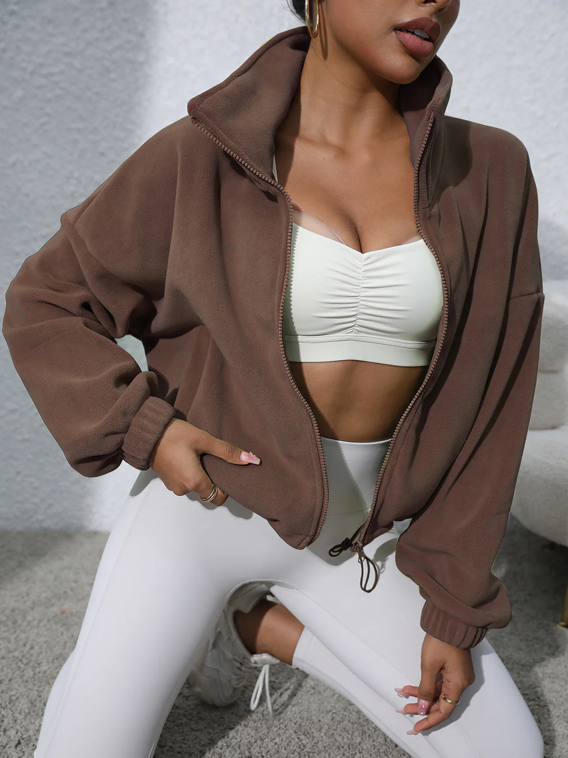 Drawstring Turtleneck Zip Up Long Sleeve Jacket - Image 4