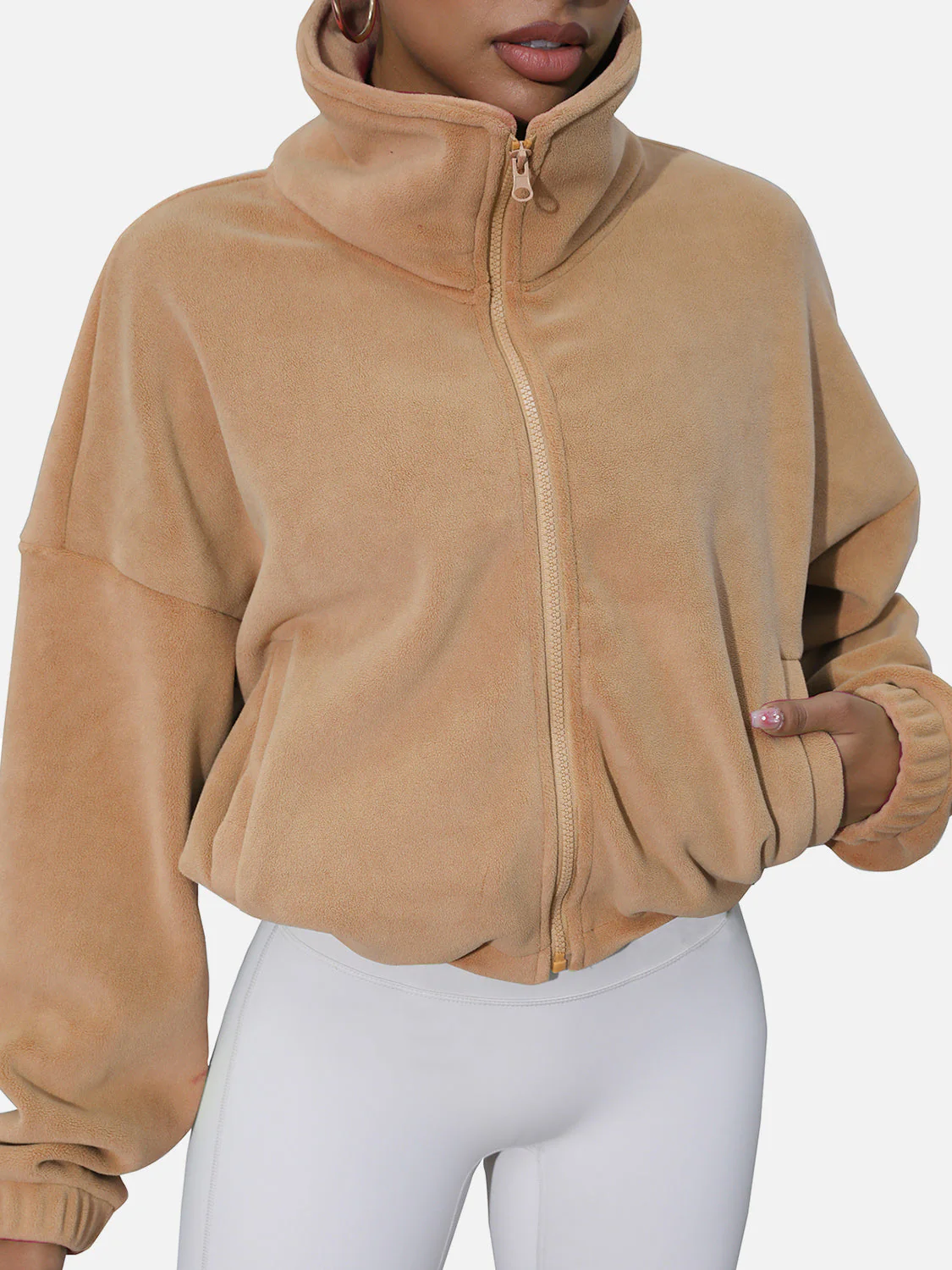 Drawstring Turtleneck Zip Up Long Sleeve Jacket - Image 7