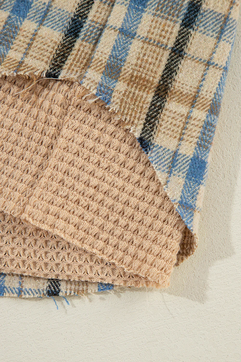 Drawstring Waffle Knit Patchwork Hooded Plaid Shacket - Image 10
