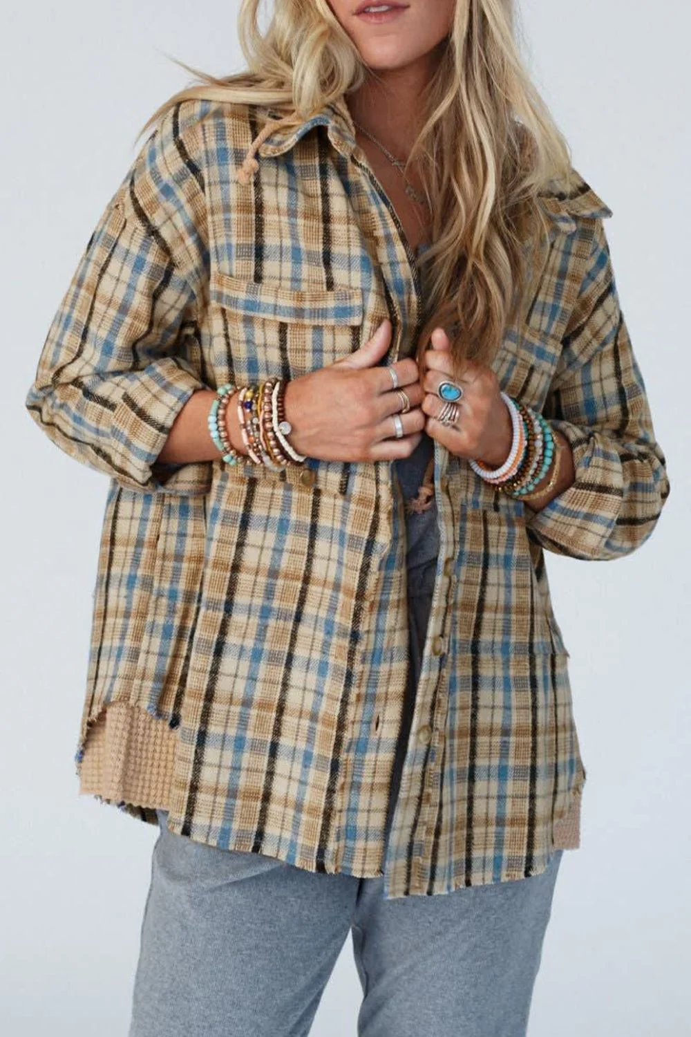 Drawstring Waffle Knit Patchwork Hooded Plaid Shacket - Image 2