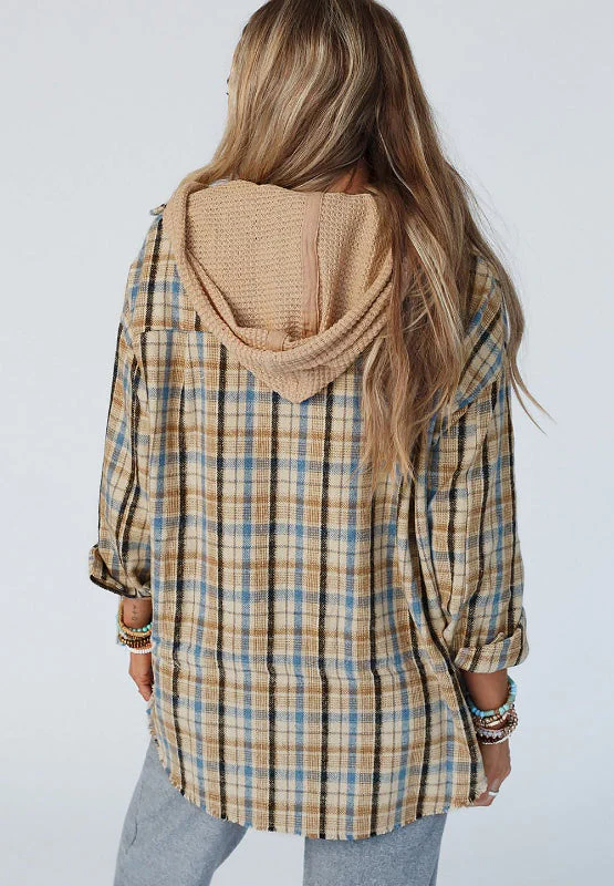 Drawstring Waffle Knit Patchwork Hooded Plaid Shacket - Image 3