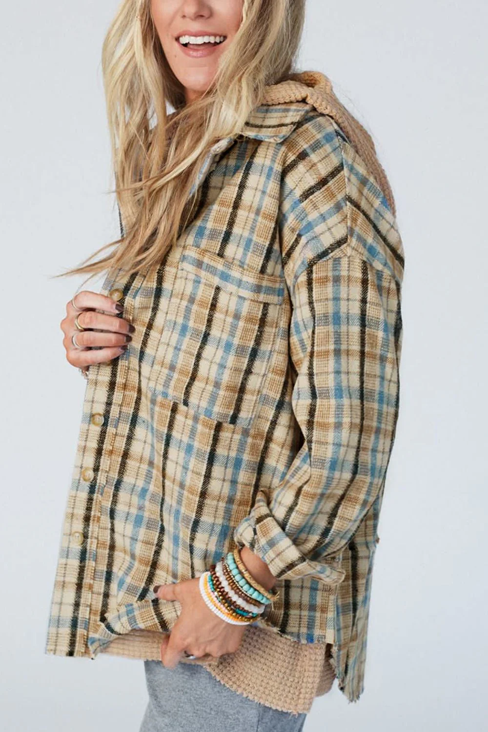 Drawstring Waffle Knit Patchwork Hooded Plaid Shacket - Image 4