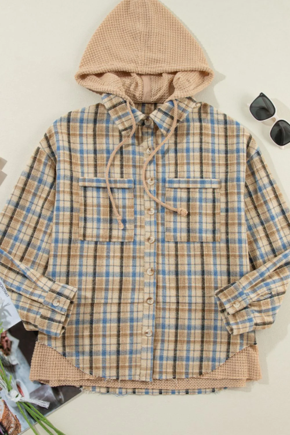 Drawstring Waffle Knit Patchwork Hooded Plaid Shacket - Image 5