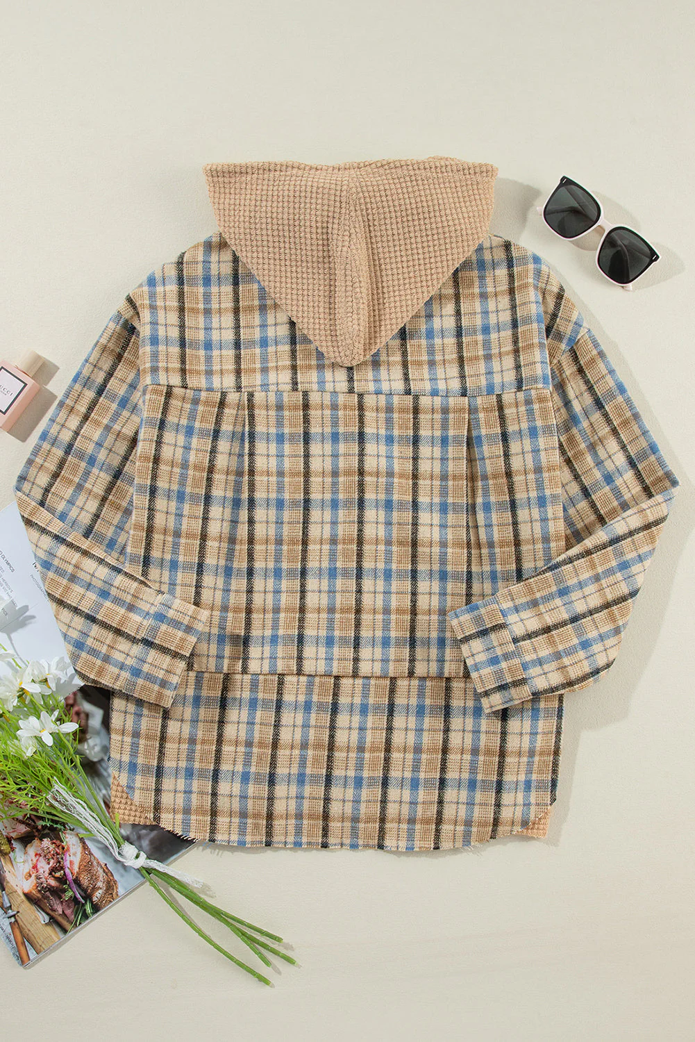 Drawstring Waffle Knit Patchwork Hooded Plaid Shacket - Image 6