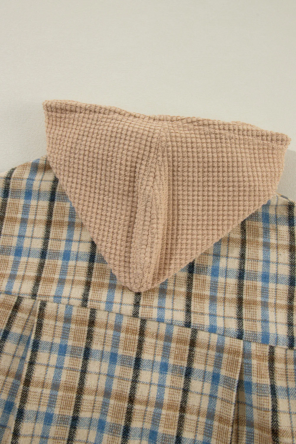 Drawstring Waffle Knit Patchwork Hooded Plaid Shacket - Image 8