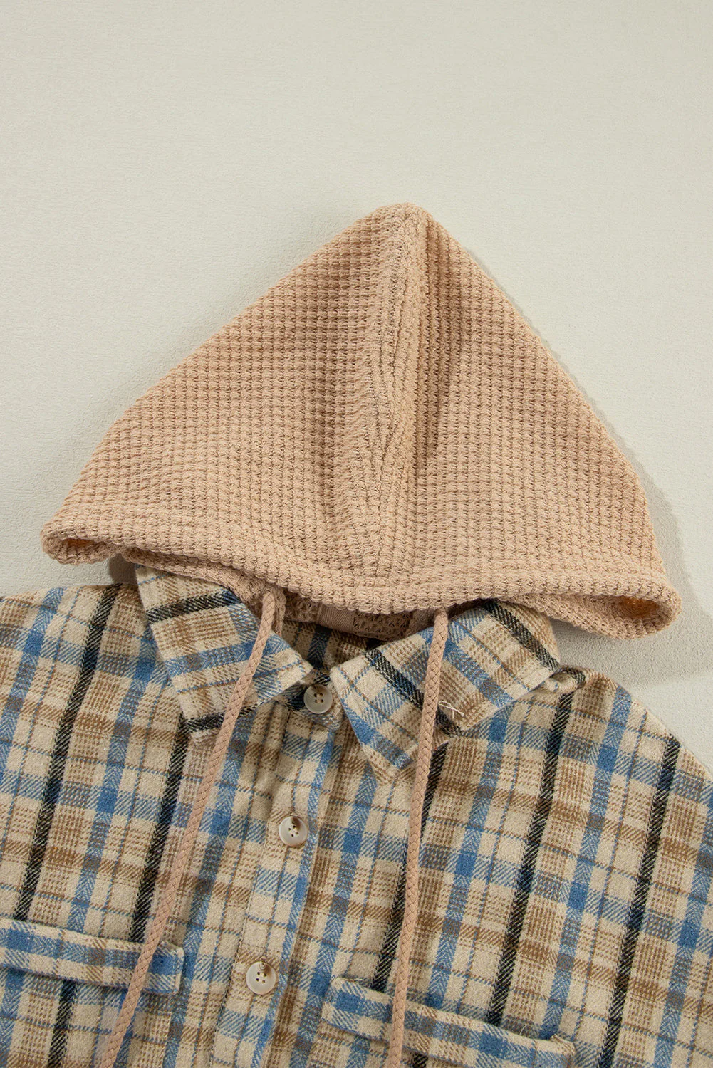 Drawstring Waffle Knit Patchwork Hooded Plaid Shacket - Image 9