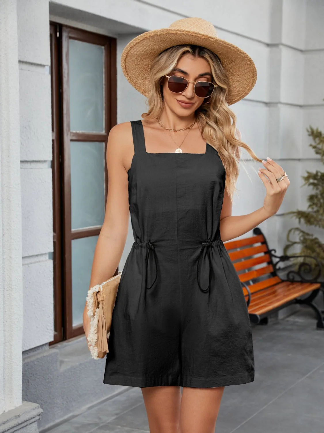 Drawstring Wide Strap Romper with Pockets - Image 24