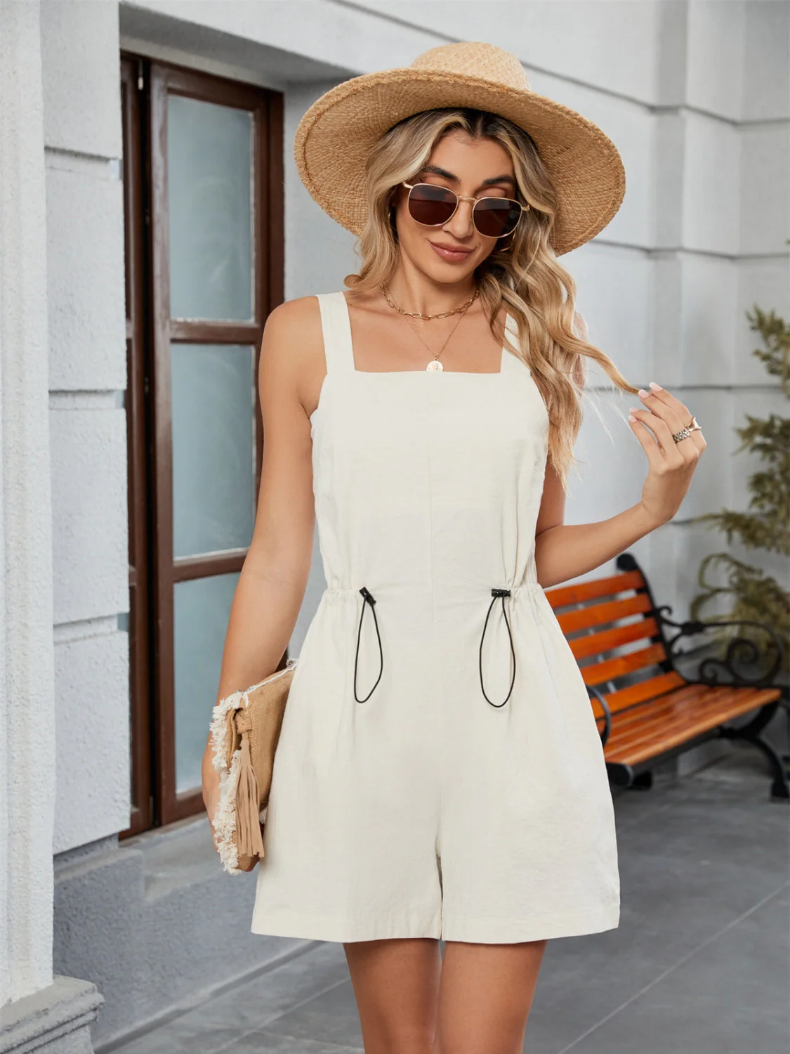 Drawstring Wide Strap Romper with Pockets - Image 3