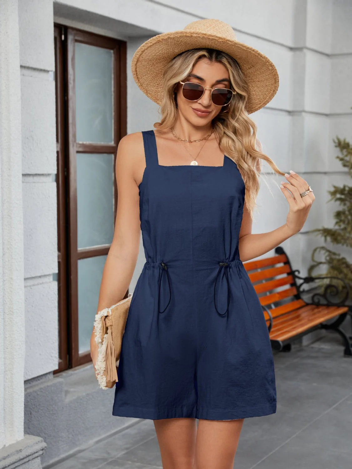 Drawstring Wide Strap Romper with Pockets - Image 6
