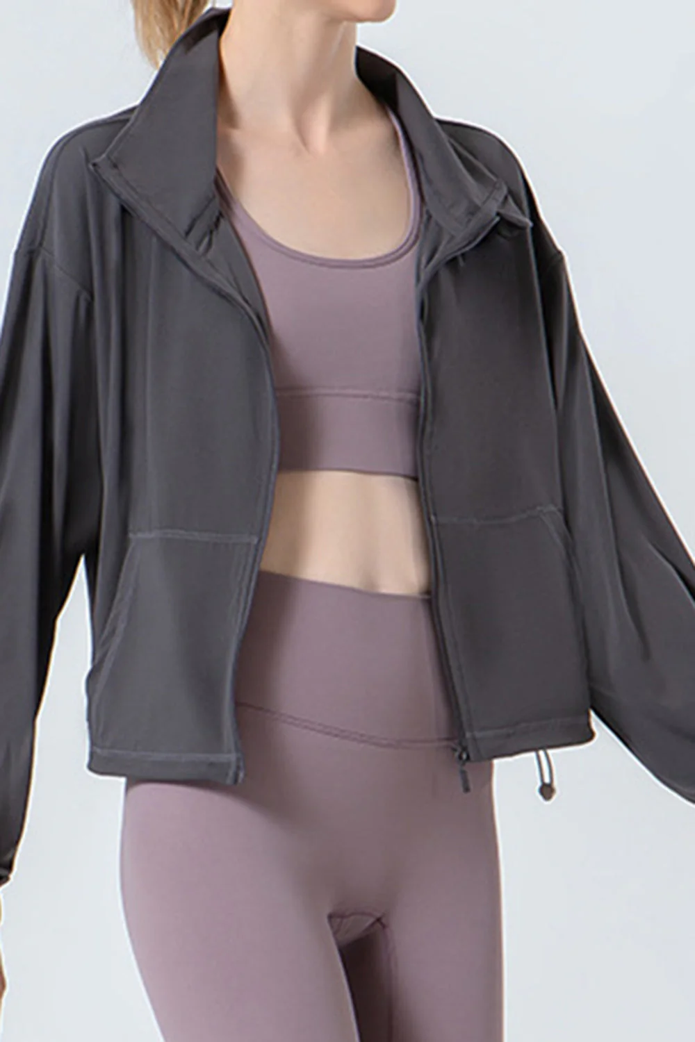 Drawstring Zip Up Dropped Shoulder Active Outerwear - Image 10