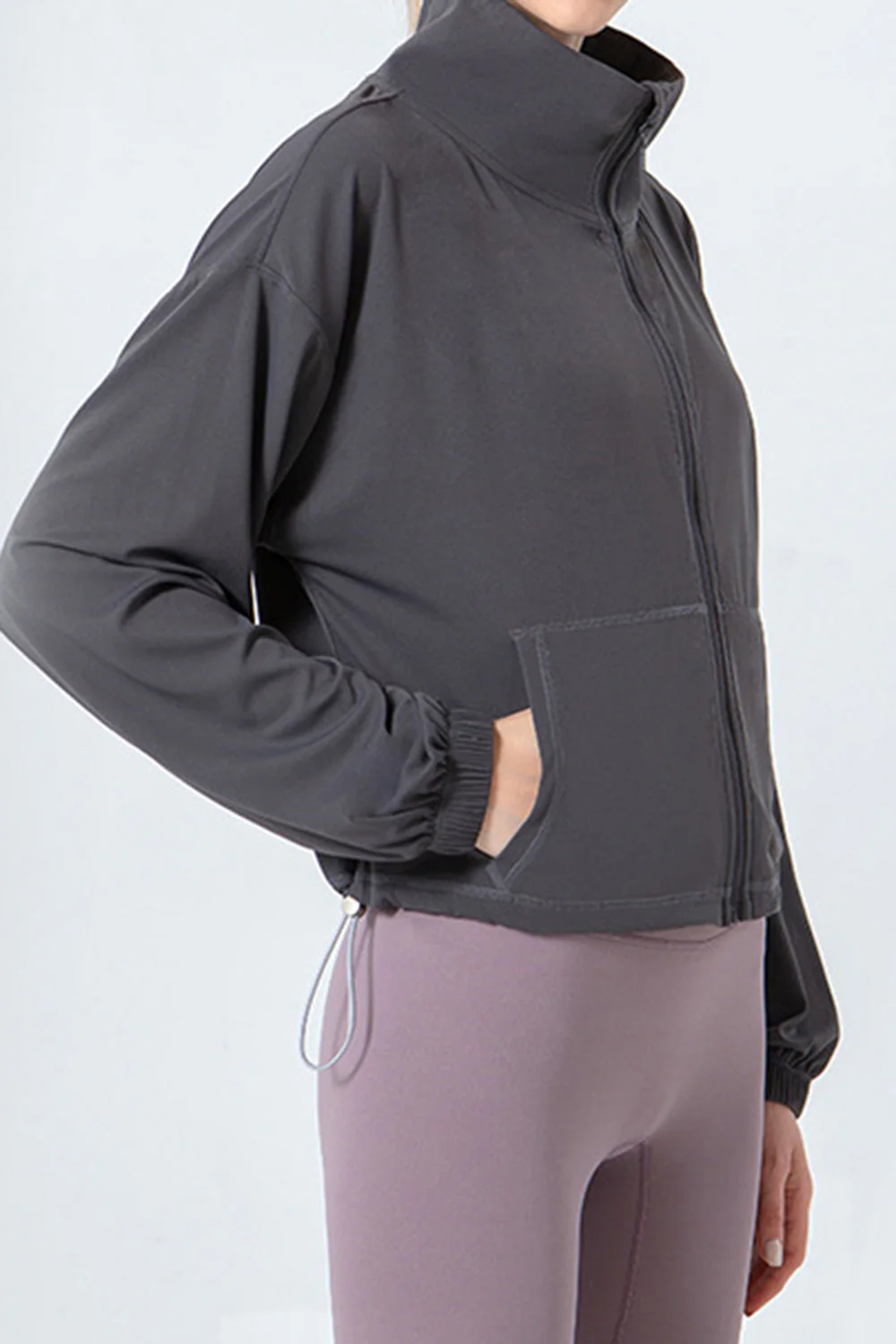 Drawstring Zip Up Dropped Shoulder Active Outerwear - Image 11