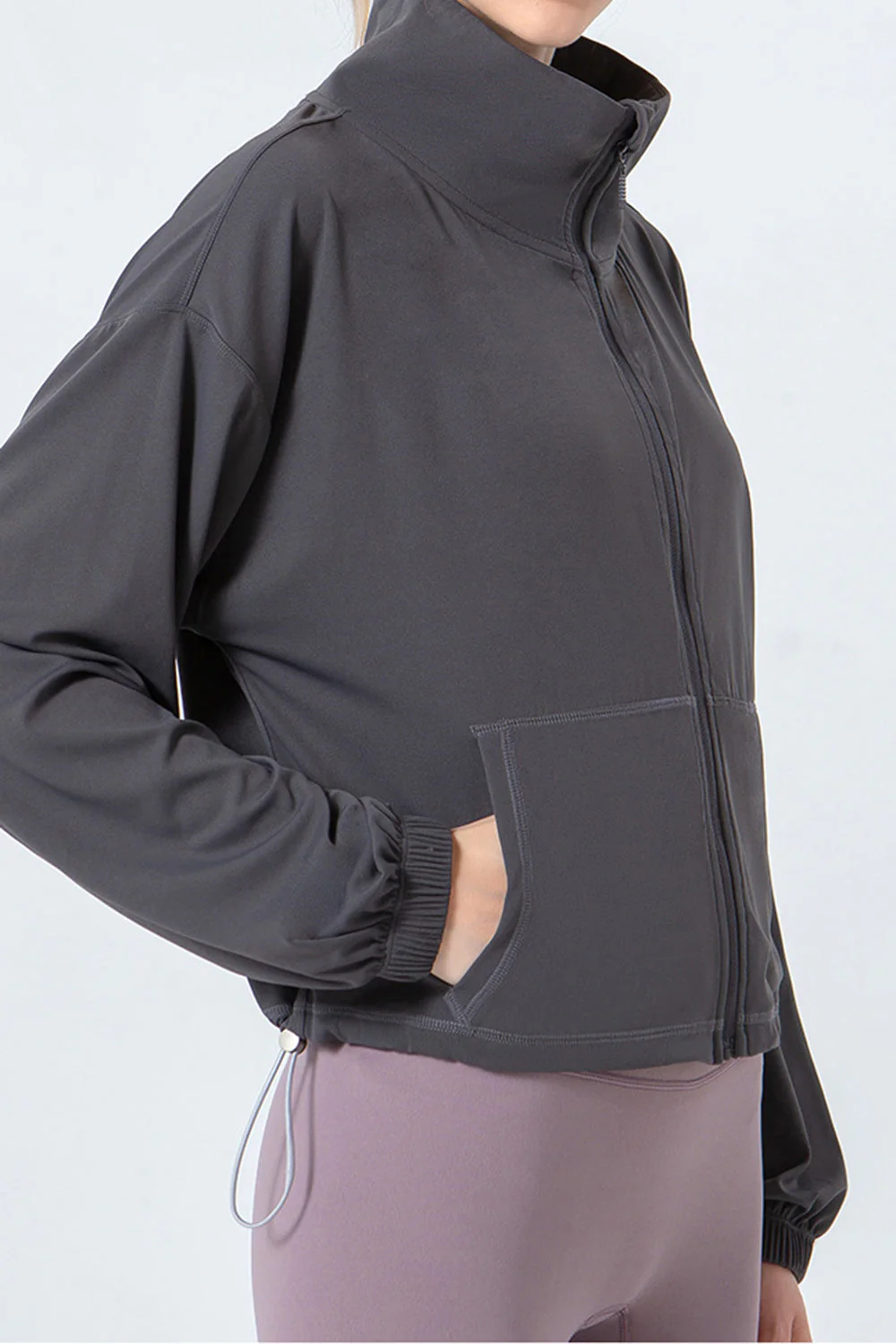 Drawstring Zip Up Dropped Shoulder Active Outerwear - Image 12