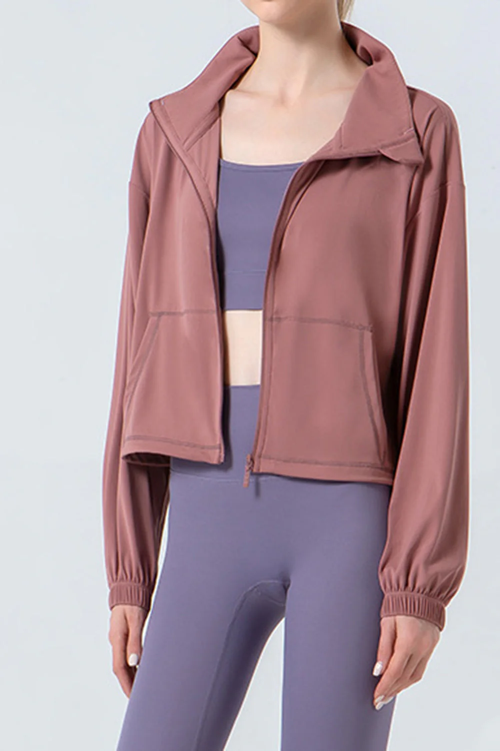 Drawstring Zip Up Dropped Shoulder Active Outerwear - Image 2