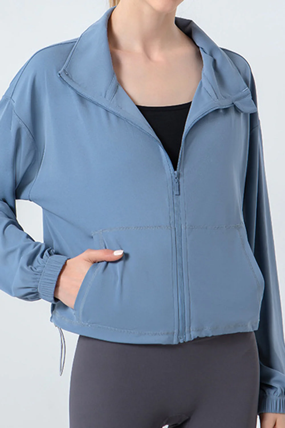Drawstring Zip Up Dropped Shoulder Active Outerwear - Image 7