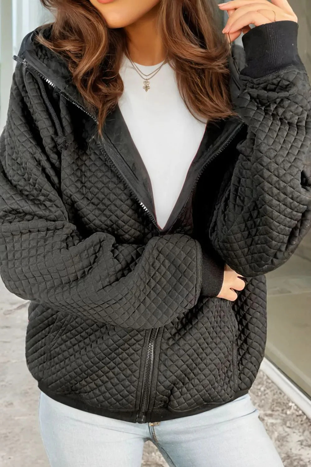 Drawstring Zip Up Long Sleeve Hooded Jacket - Image 2