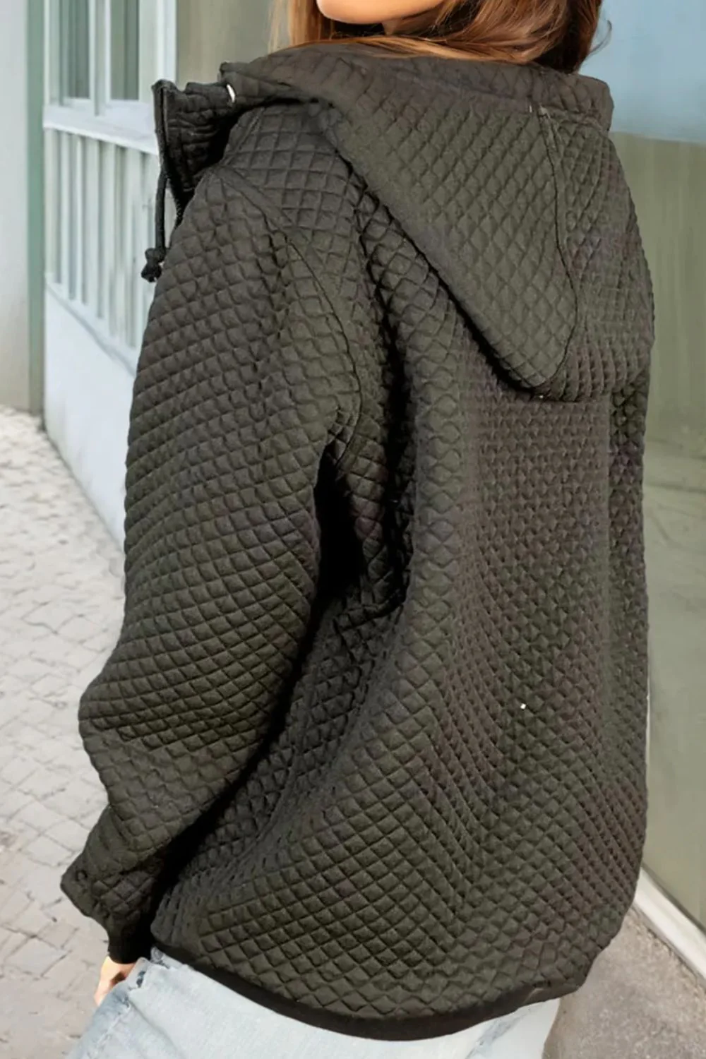 Drawstring Zip Up Long Sleeve Hooded Jacket - Image 3