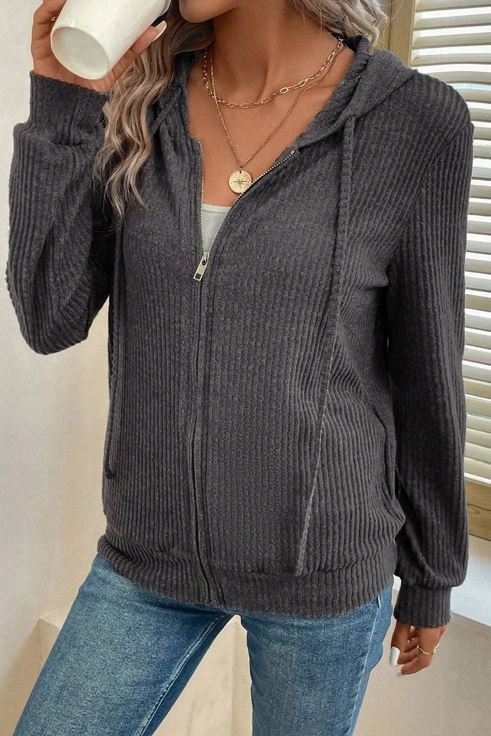 Drawstring Zip Up Long  Sleeve Hooded Jacket - Image 2