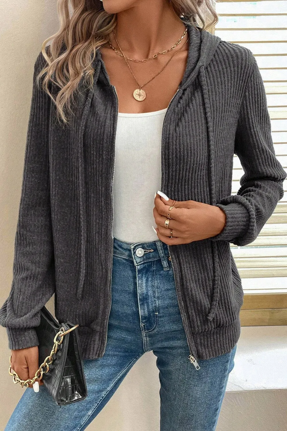 Drawstring Zip Up Long  Sleeve Hooded Jacket - Image 3