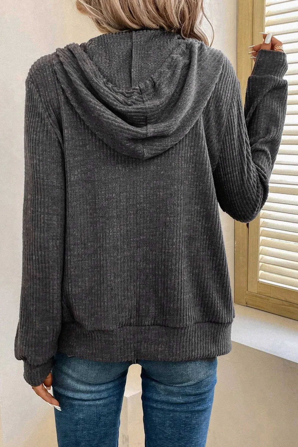 Drawstring Zip Up Long  Sleeve Hooded Jacket - Image 4