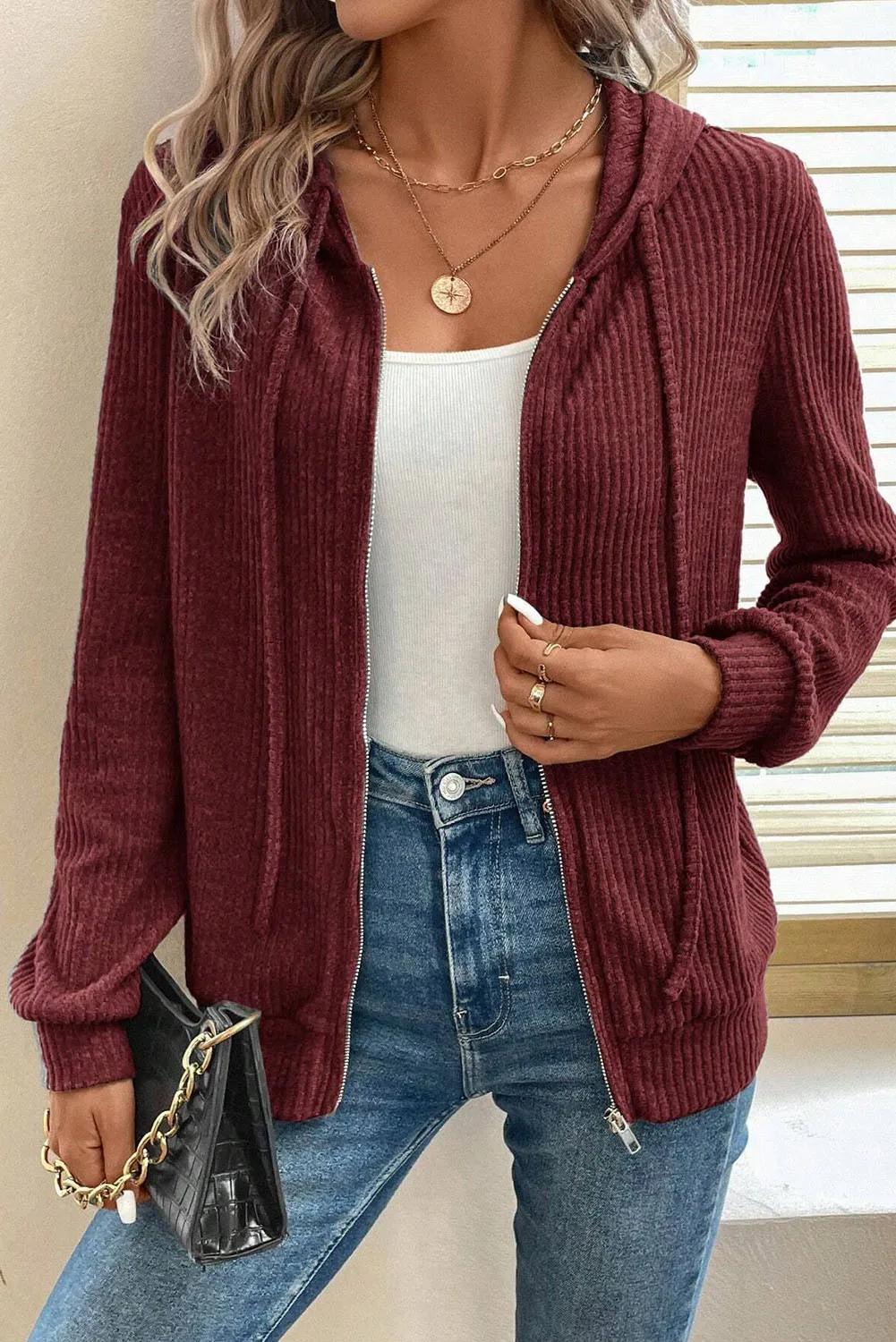 Drawstring Zip Up Long  Sleeve Hooded Jacket - Image 5
