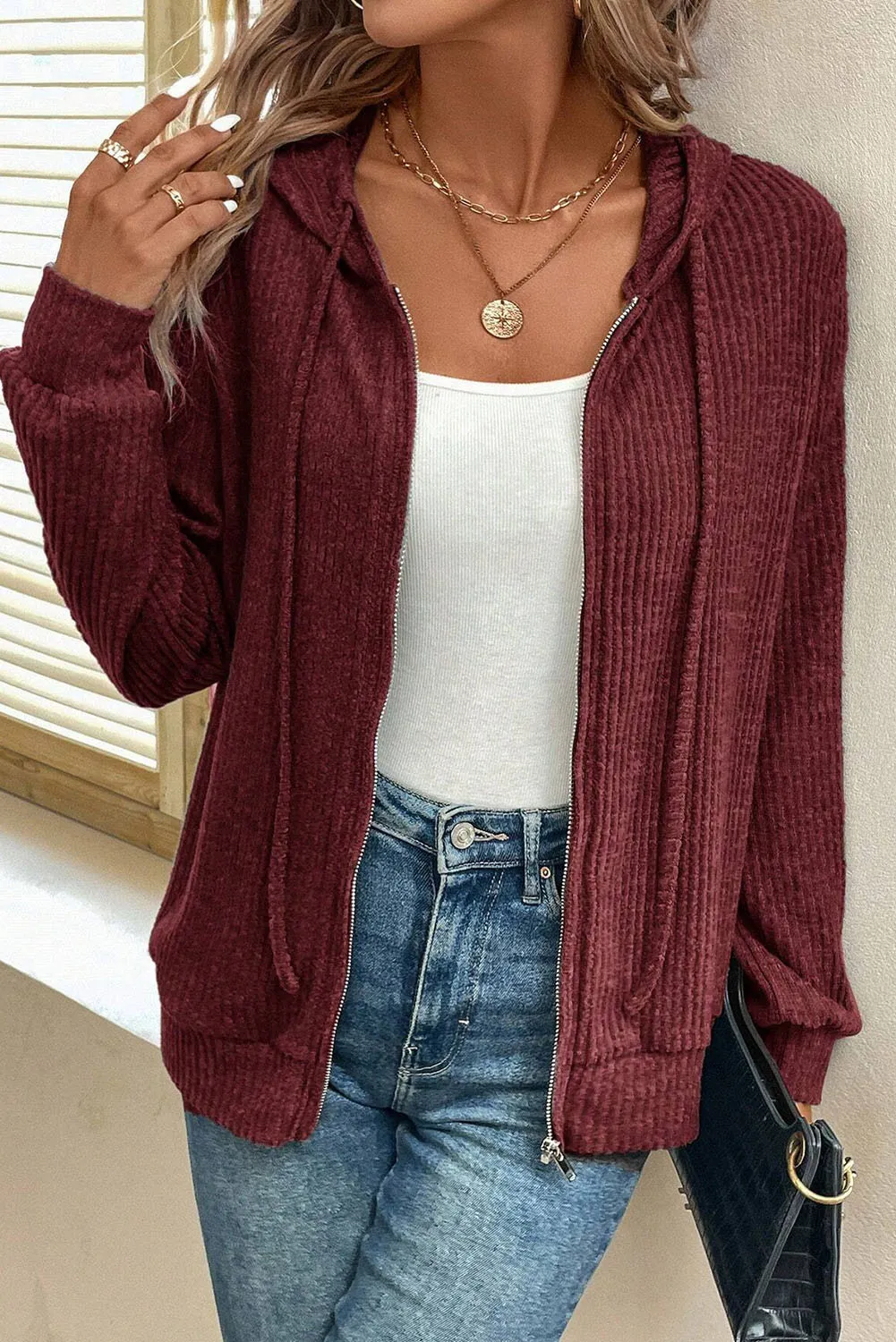 Drawstring Zip Up Long  Sleeve Hooded Jacket - Image 6