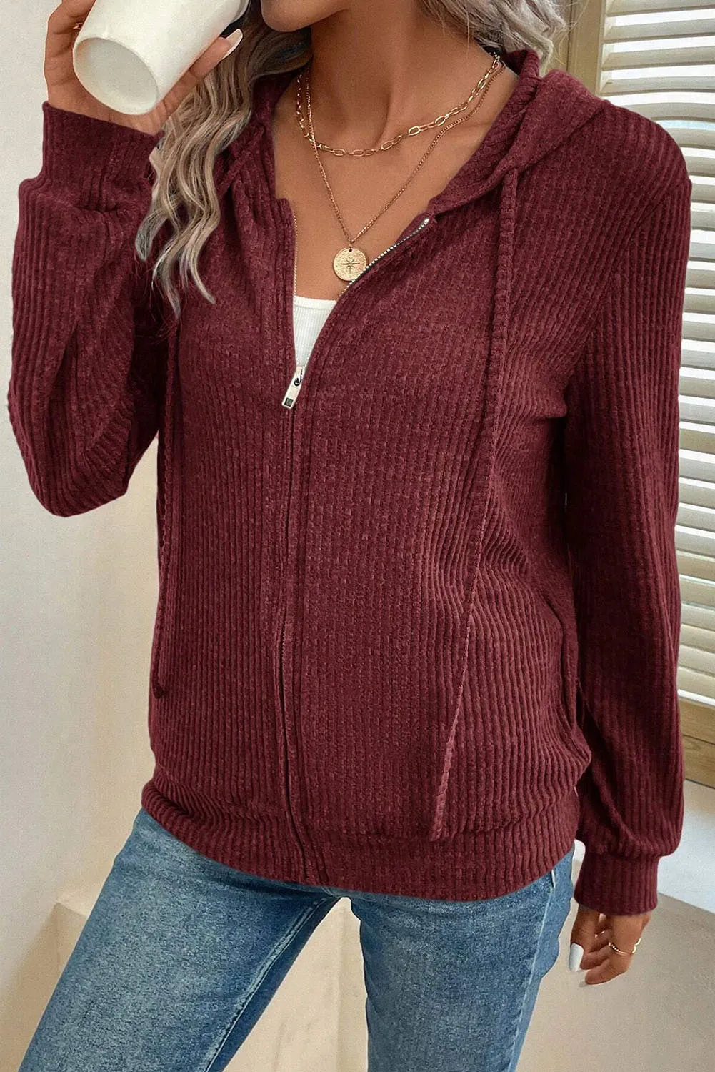 Drawstring Zip Up Long  Sleeve Hooded Jacket - Image 7