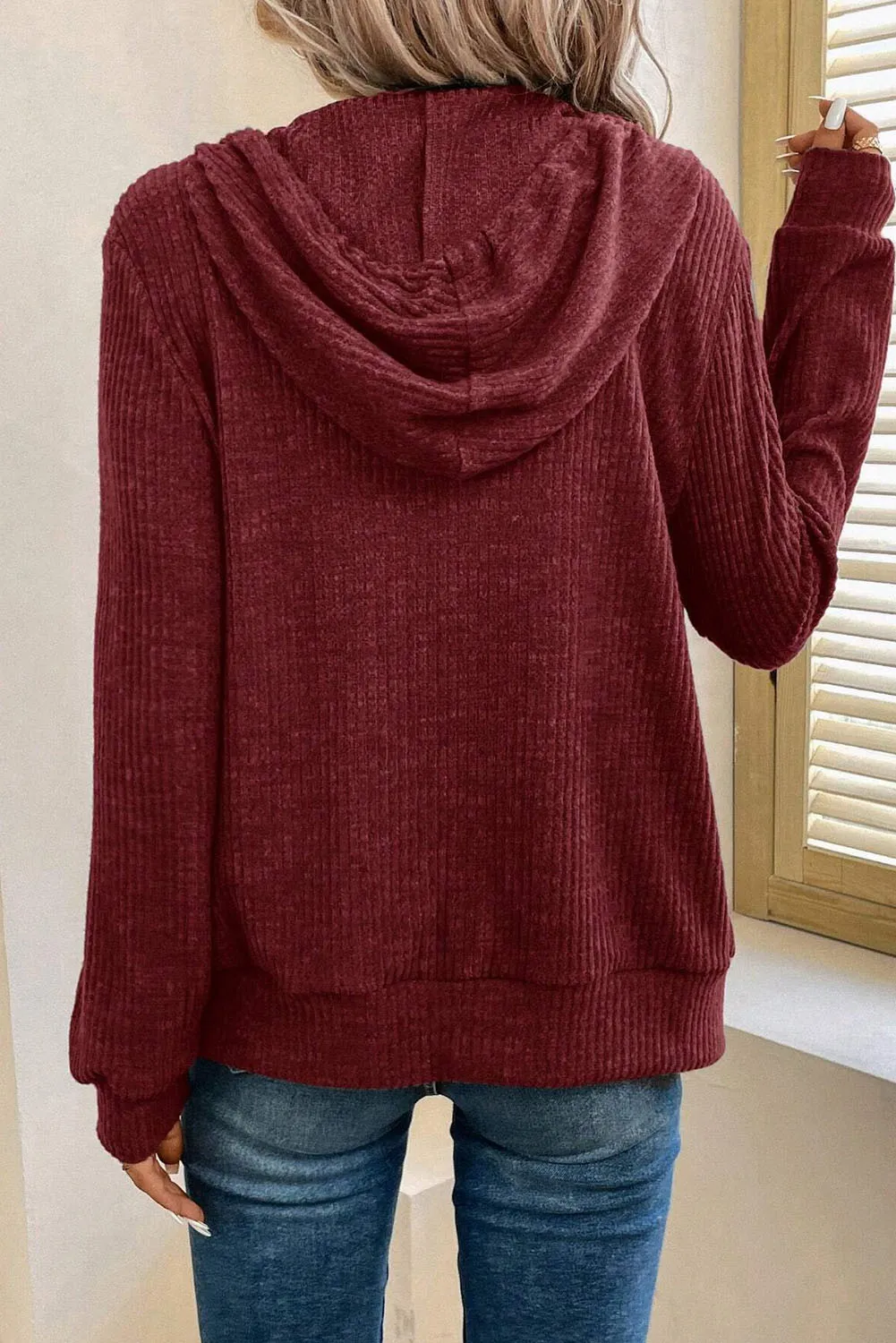 Drawstring Zip Up Long  Sleeve Hooded Jacket - Image 8
