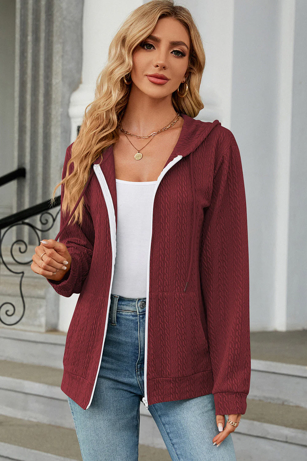 Drawstring Zip Up Long Sleeve Hoodie - Image 10