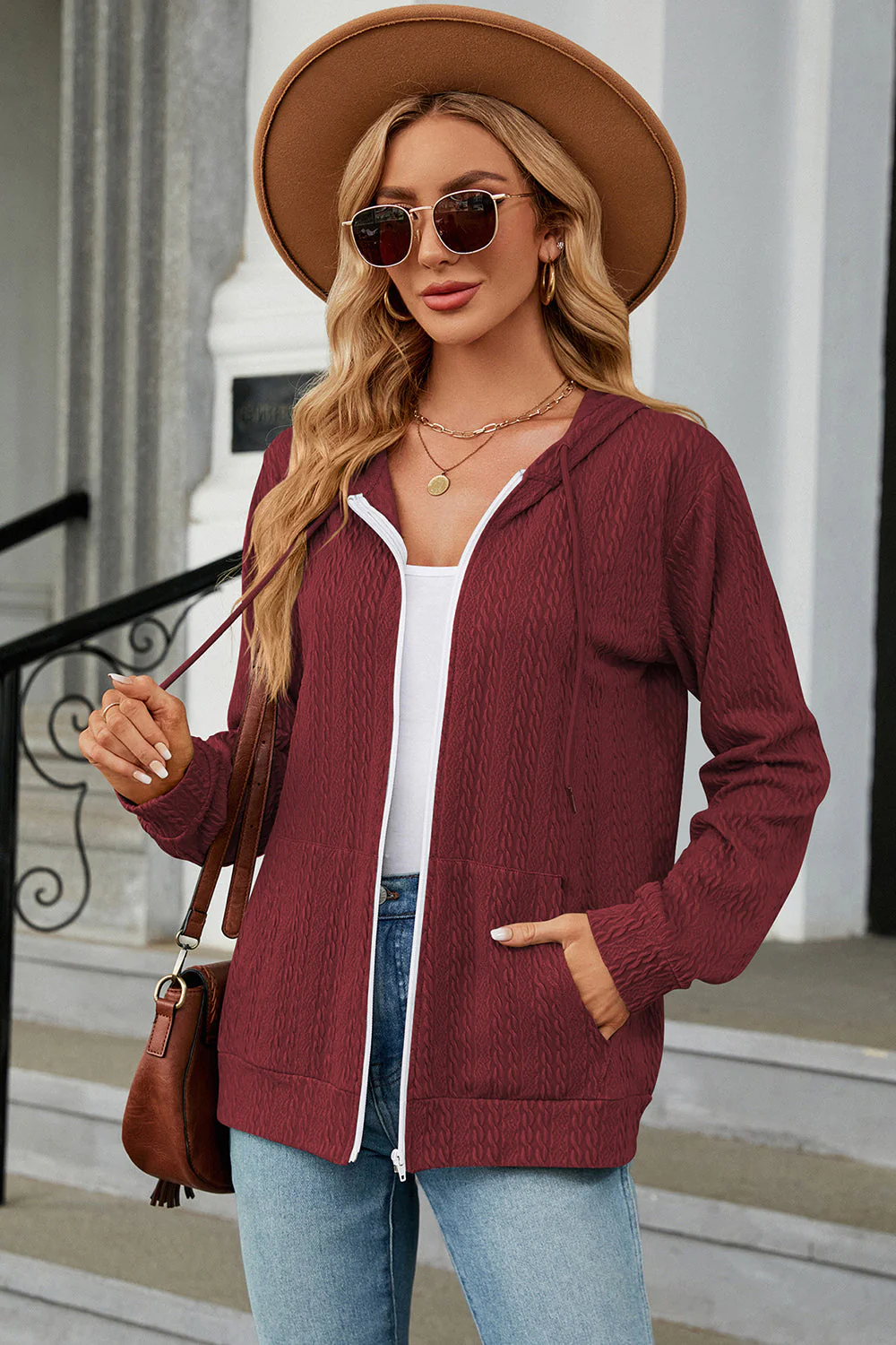 Drawstring Zip Up Long Sleeve Hoodie - Image 11