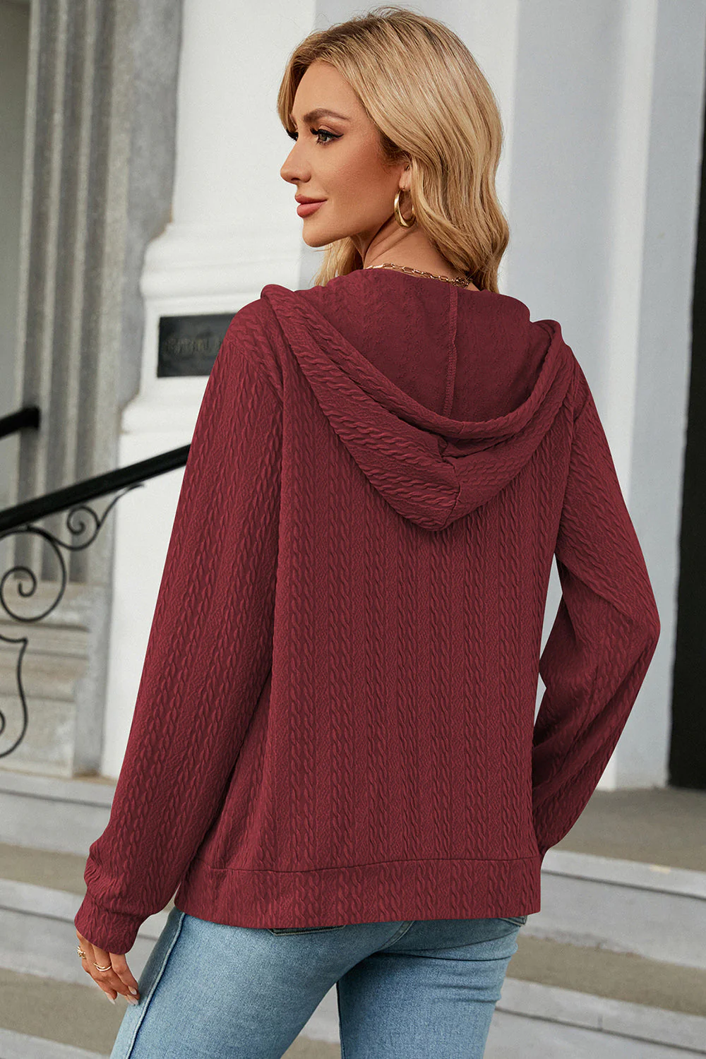 Drawstring Zip Up Long Sleeve Hoodie - Image 12