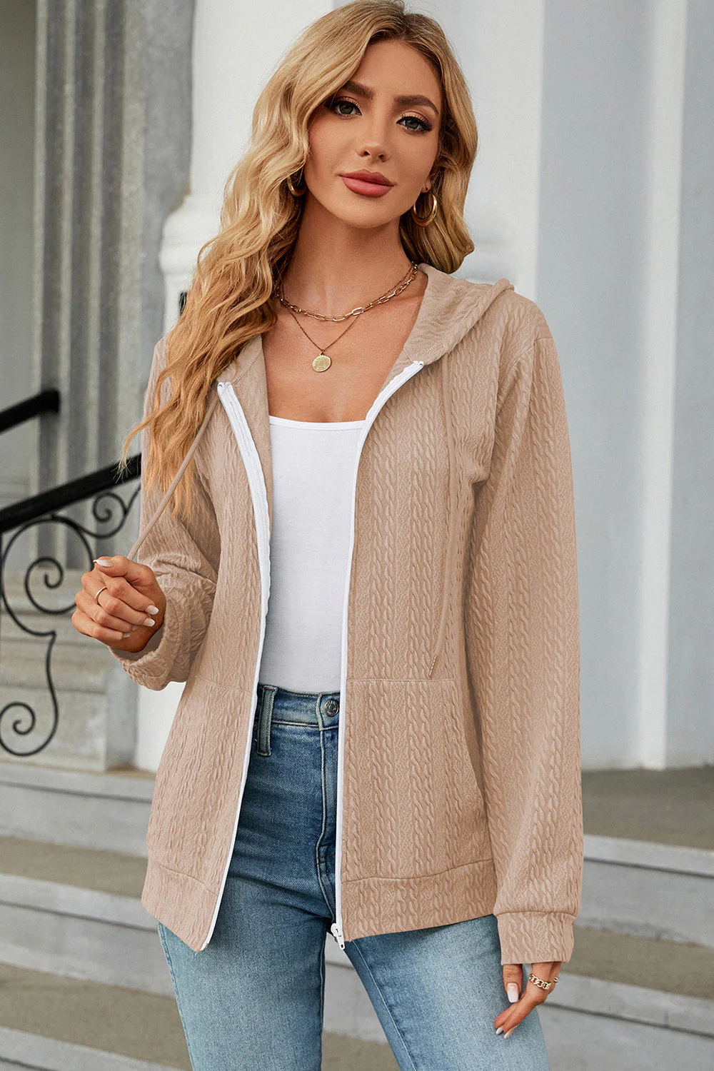 Drawstring Zip Up Long Sleeve Hoodie - Image 14