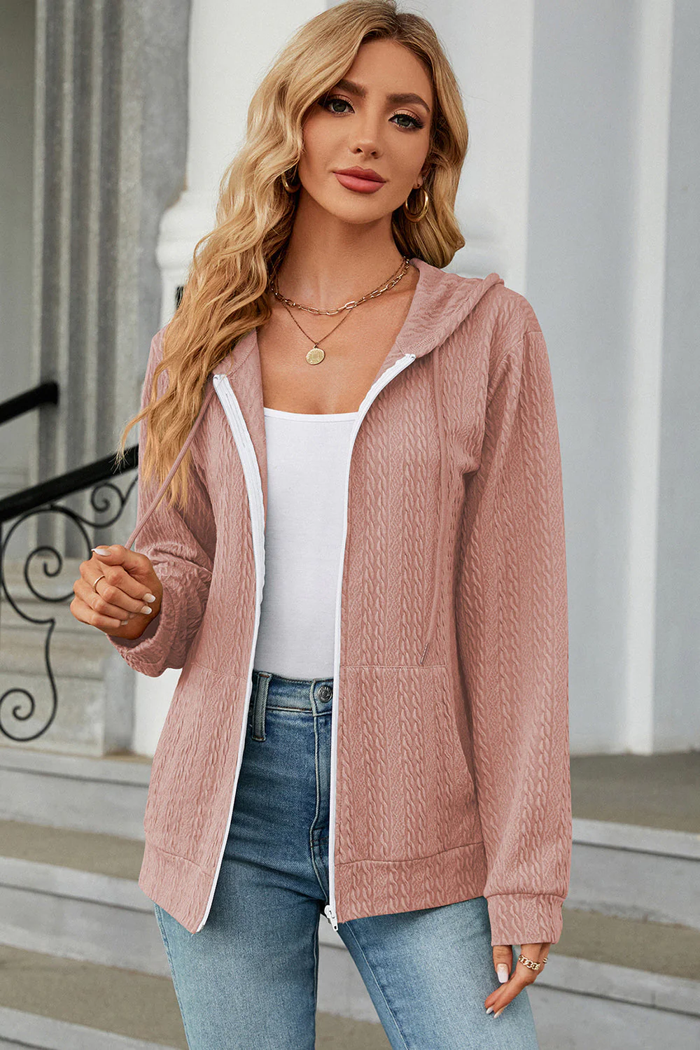 Drawstring Zip Up Long Sleeve Hoodie - Image 17