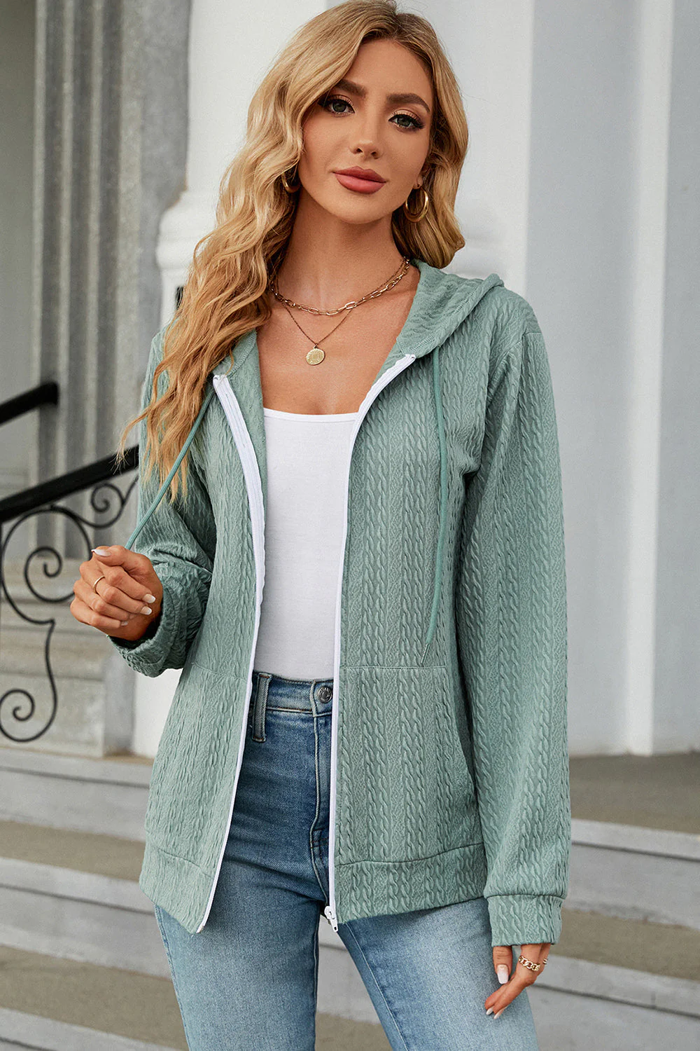 Drawstring Zip Up Long Sleeve Hoodie - Image 19