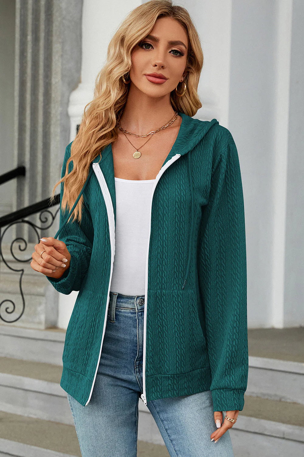 Drawstring Zip Up Long Sleeve Hoodie - Image 2