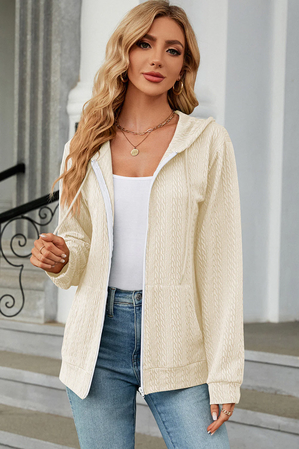 Drawstring Zip Up Long Sleeve Hoodie - Image 23