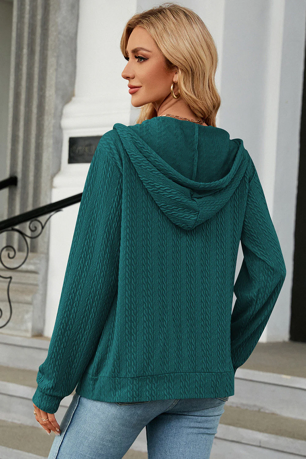Drawstring Zip Up Long Sleeve Hoodie - Image 3