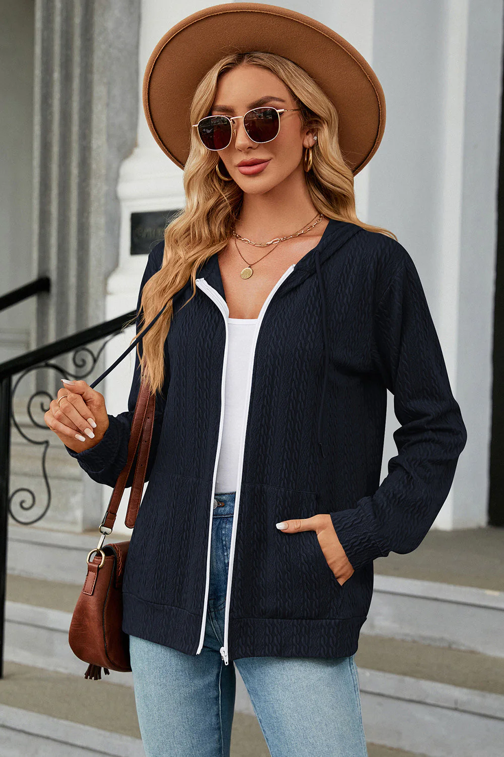 Drawstring Zip Up Long Sleeve Hoodie - Image 4
