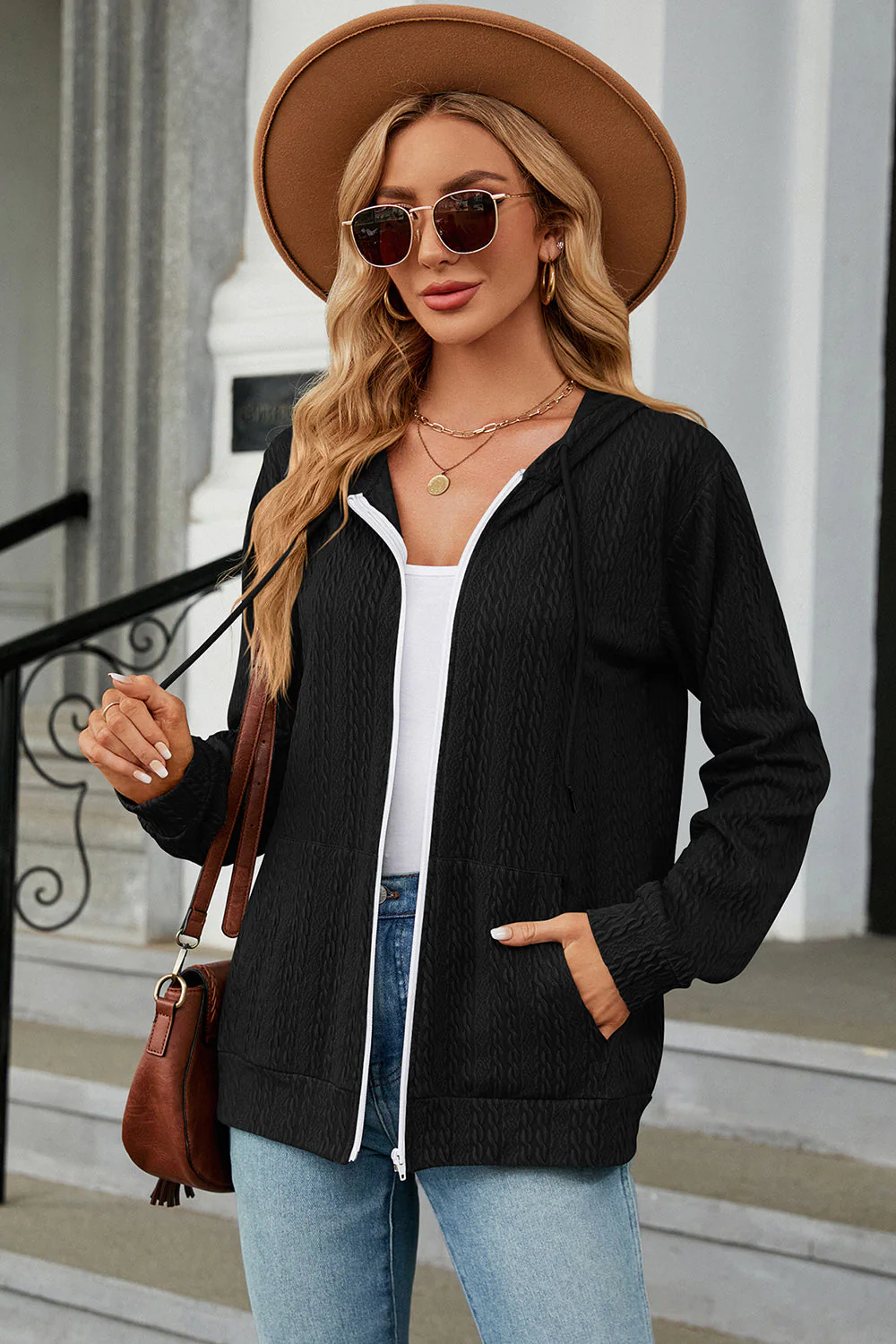 Drawstring Zip Up Long Sleeve Hoodie - Image 7