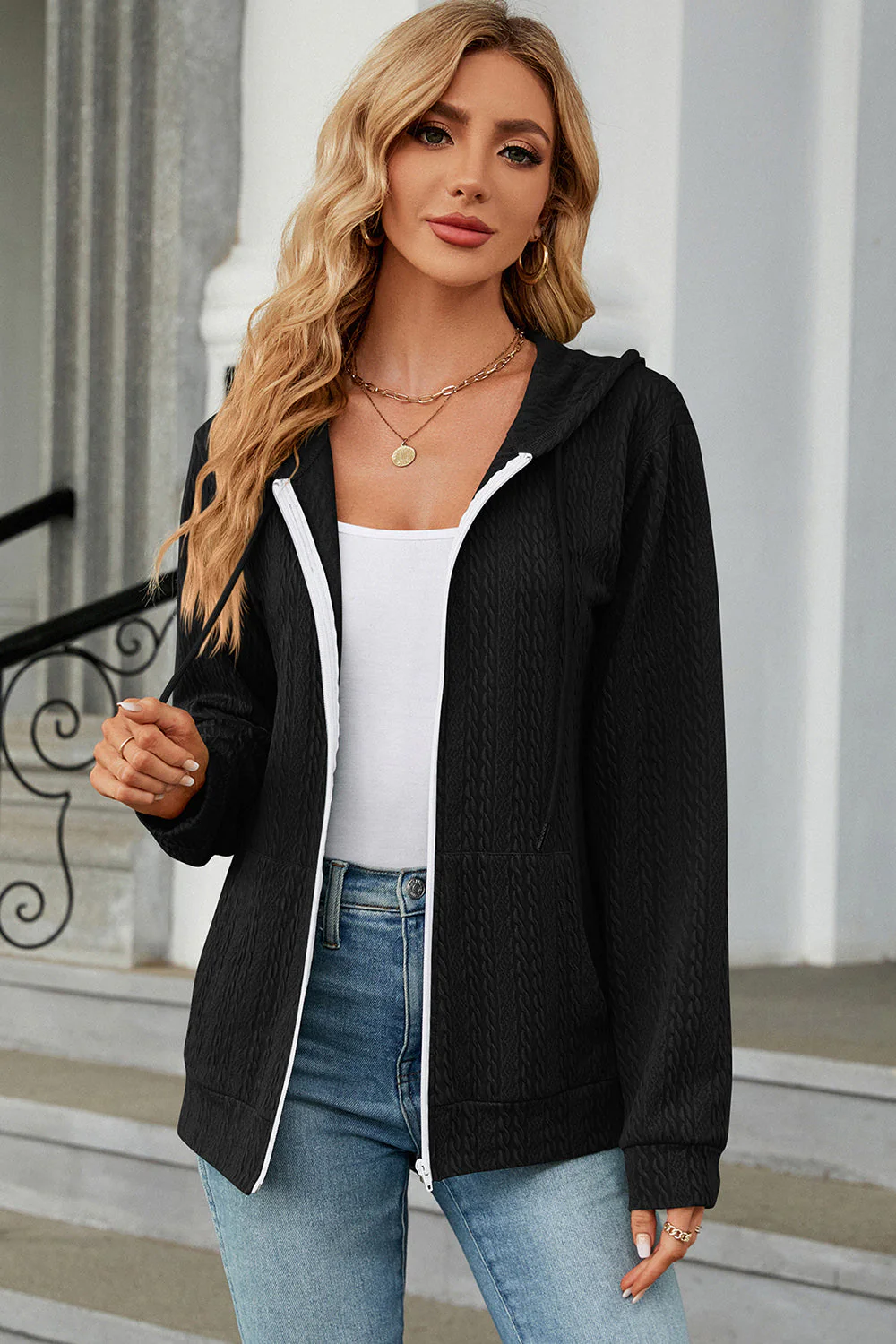 Drawstring Zip Up Long Sleeve Hoodie - Image 8