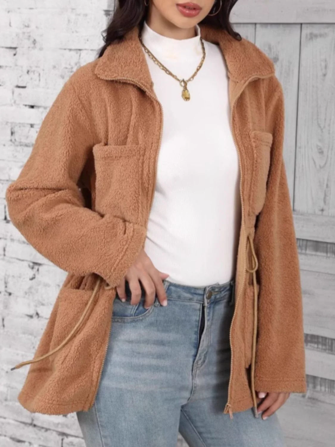 Drawstring Zip Up Long Sleeve Outerwear - Image 3