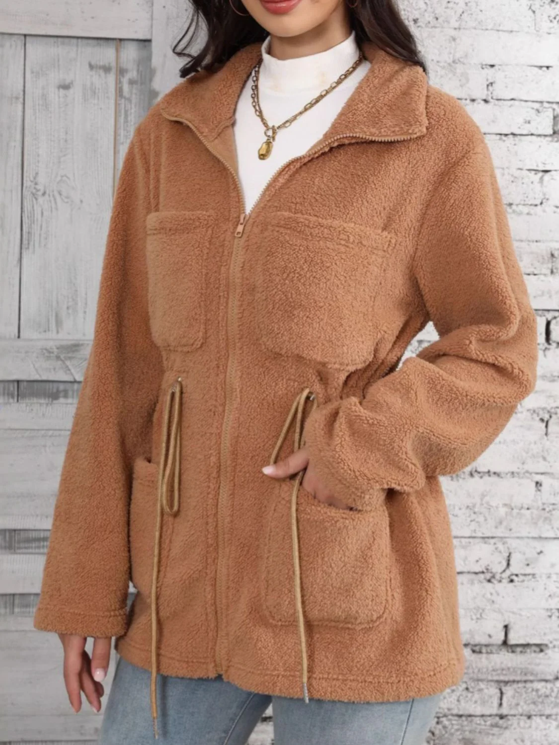 Drawstring Zip Up Long Sleeve Outerwear - Image 4