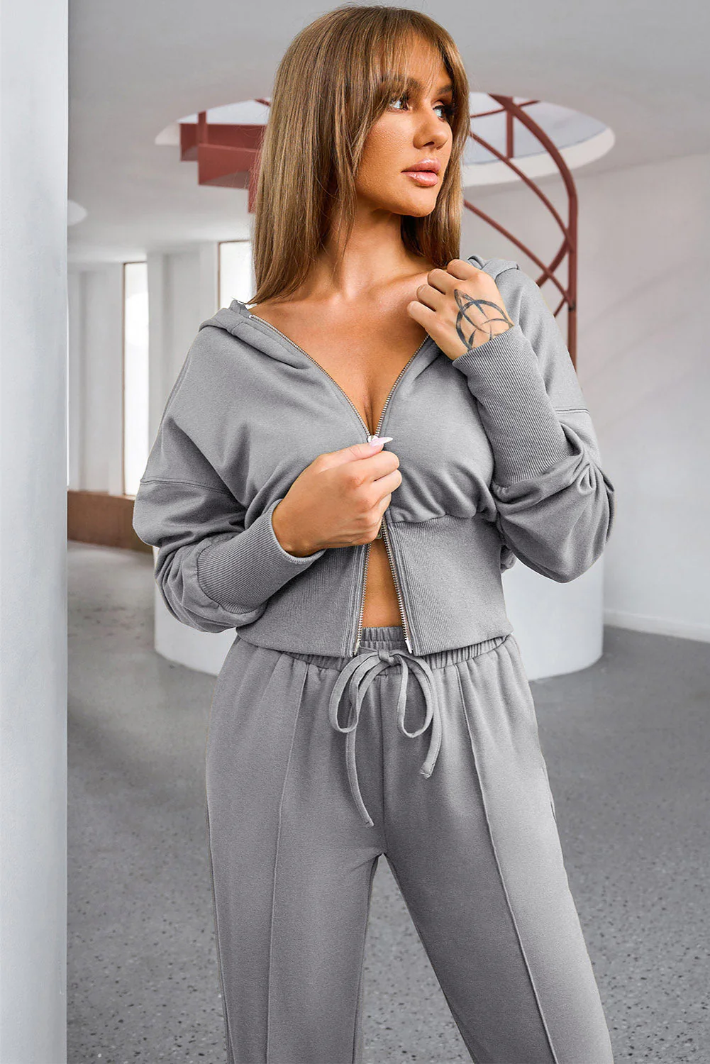 Dropped Shoulder Hoodie and Drawstring Pants Active Set - Image 5