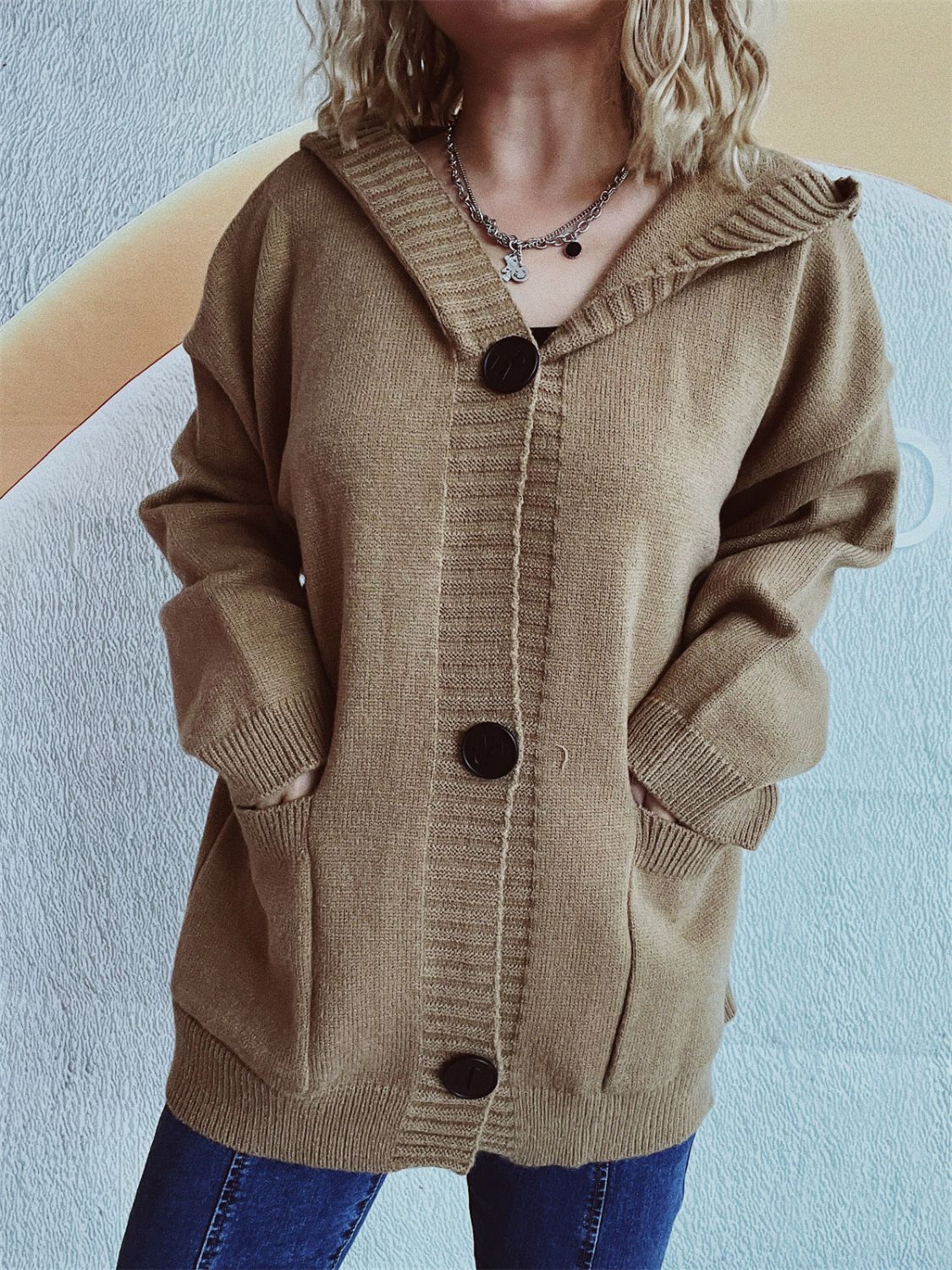 Dropped Shoulder Long Sleeve Hooded Cardigan - Image 13