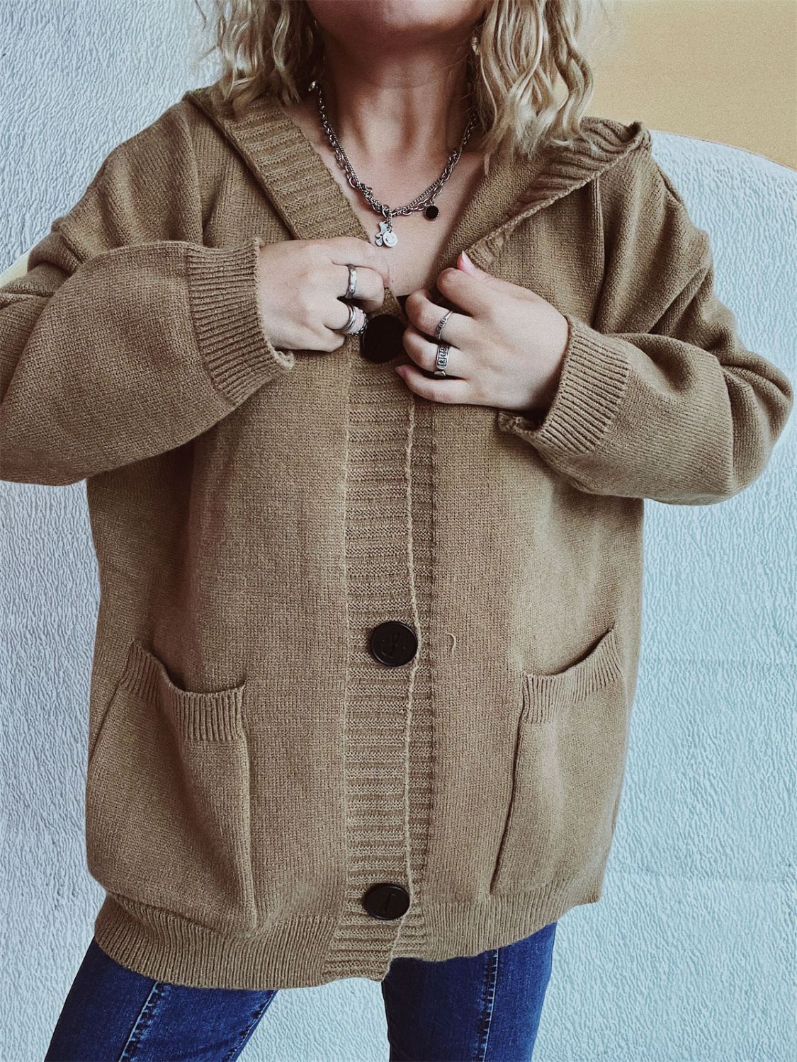 Dropped Shoulder Long Sleeve Hooded Cardigan - Image 14