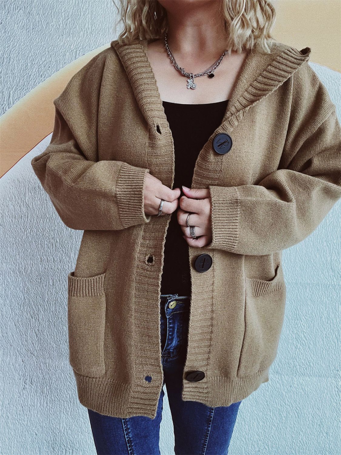 Dropped Shoulder Long Sleeve Hooded Cardigan - Image 15