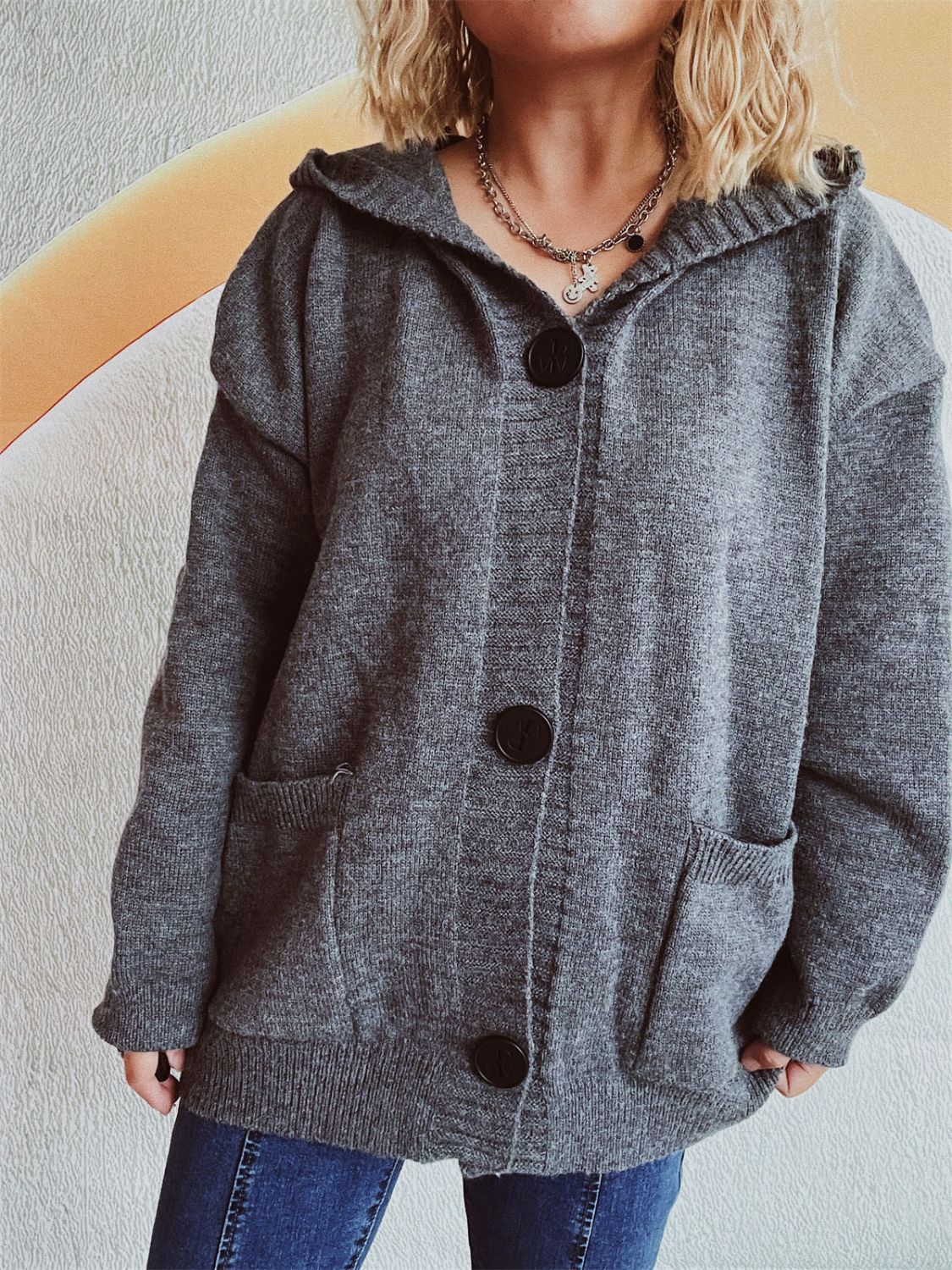 Dropped Shoulder Long Sleeve Hooded Cardigan - Image 4