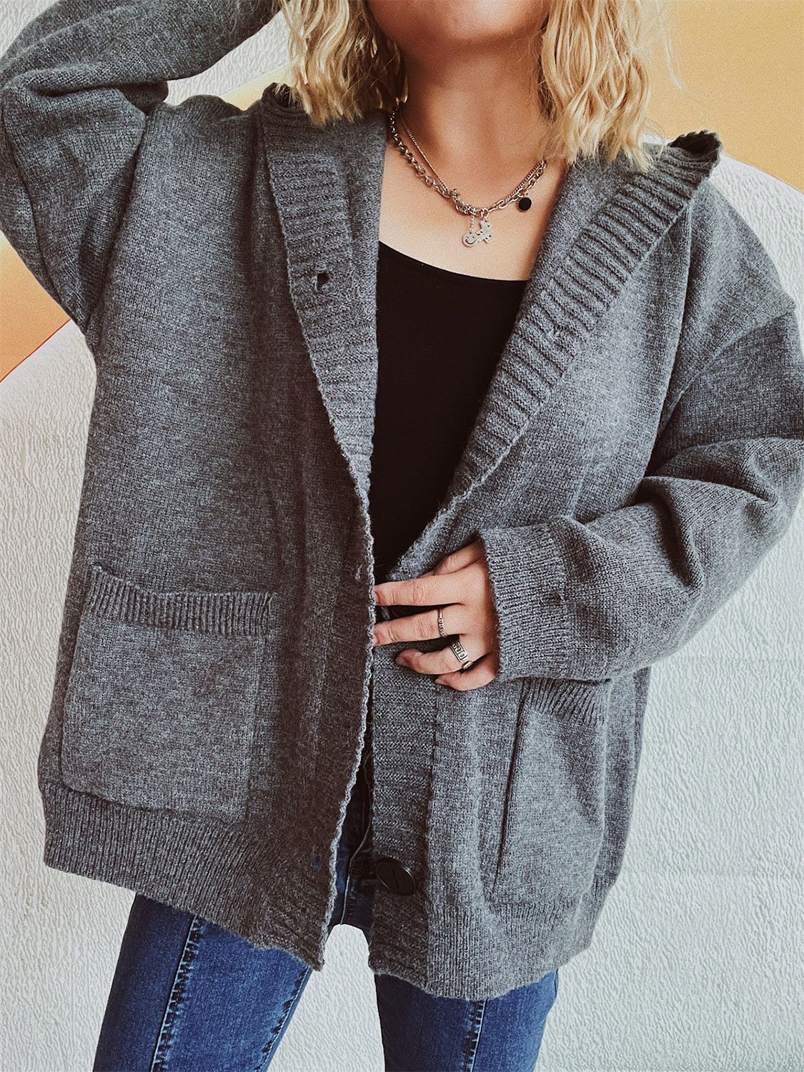 Dropped Shoulder Long Sleeve Hooded Cardigan - Image 5