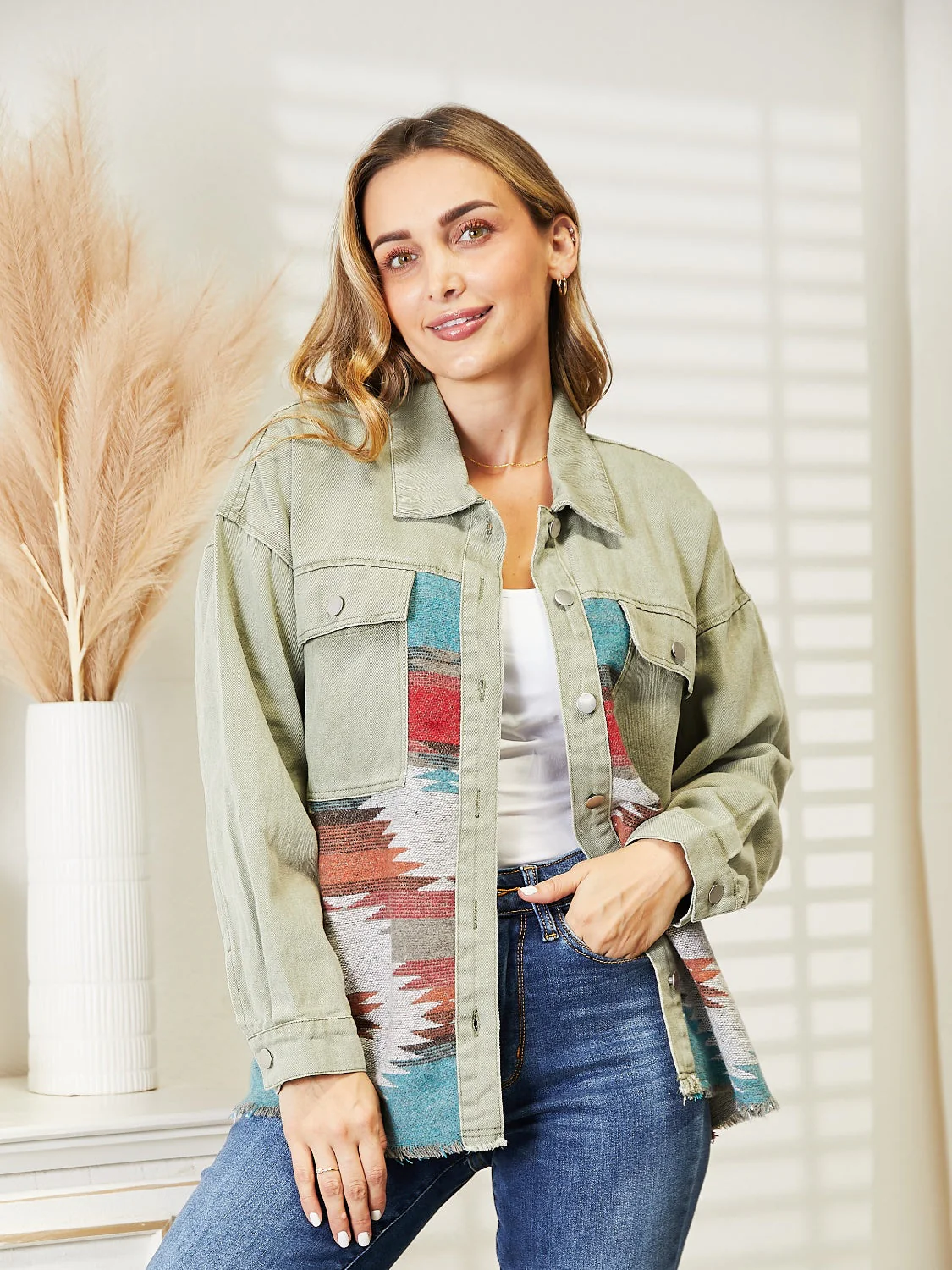 Dropped Shoulder Long Sleeve Printed Denim Jacket - Image 3