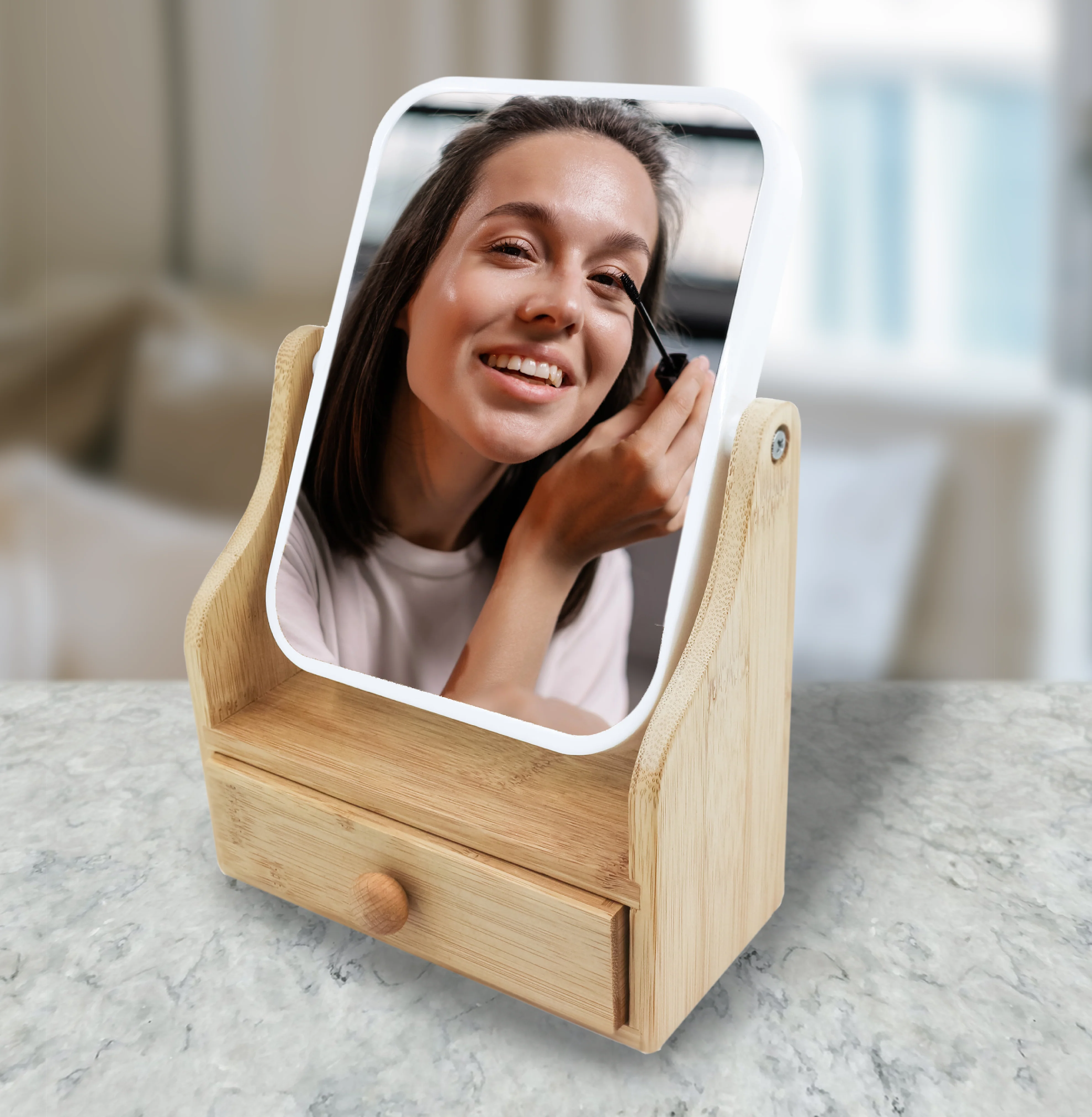 Dual-Sided Vanity Mirror with Bamboo Drawer Base by Pursonic - Image 2