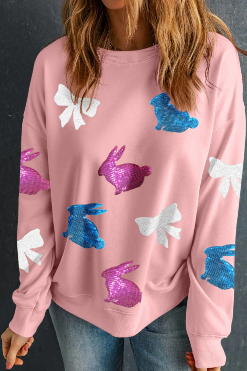 Easter Bunny Bow Knot Sequined Sweatshirt - Image 2